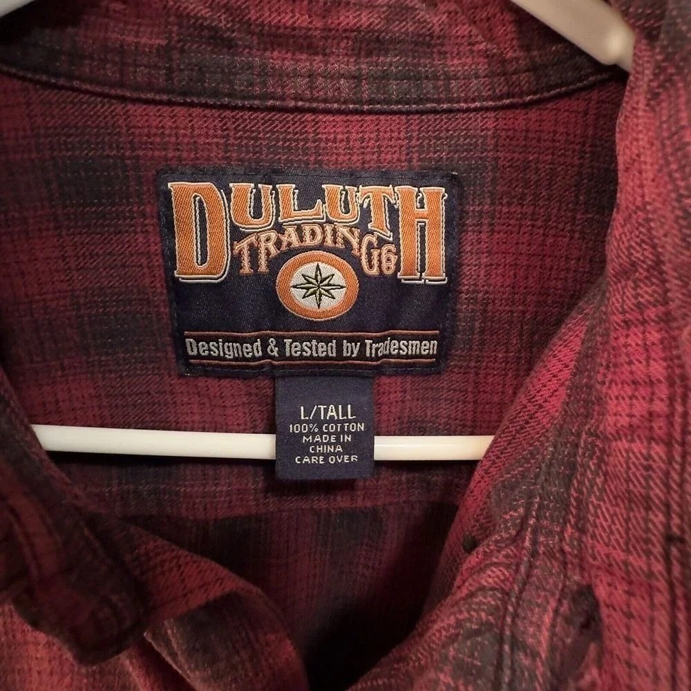 Duluth Trading Co Mens Large Tall Red Black Plaid Cotton Flannel Work Shirt‎ L/T